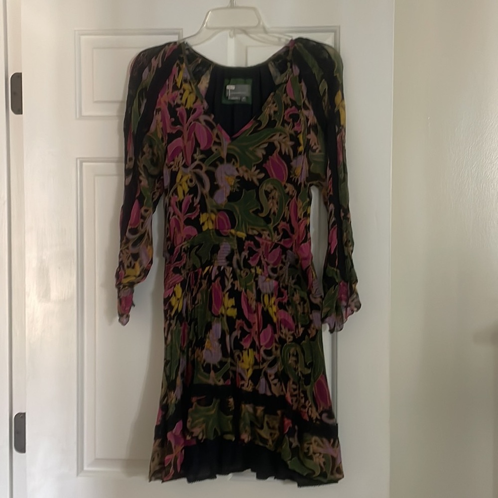 Anthropologie Genevieve Lace Mini Dress black long sleeve floral gauze S SP - Picture 4 of 11